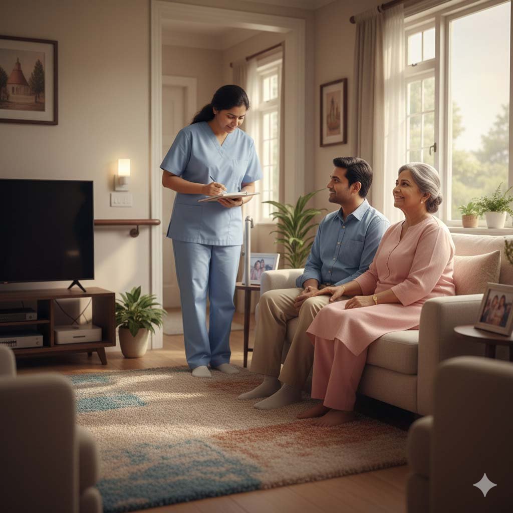 Caregiver assisting an elderly person at home to ensure safety and comfort