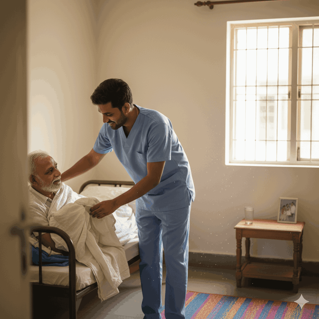Trained personal attendant assisting elderly at home in Visakhapatnam